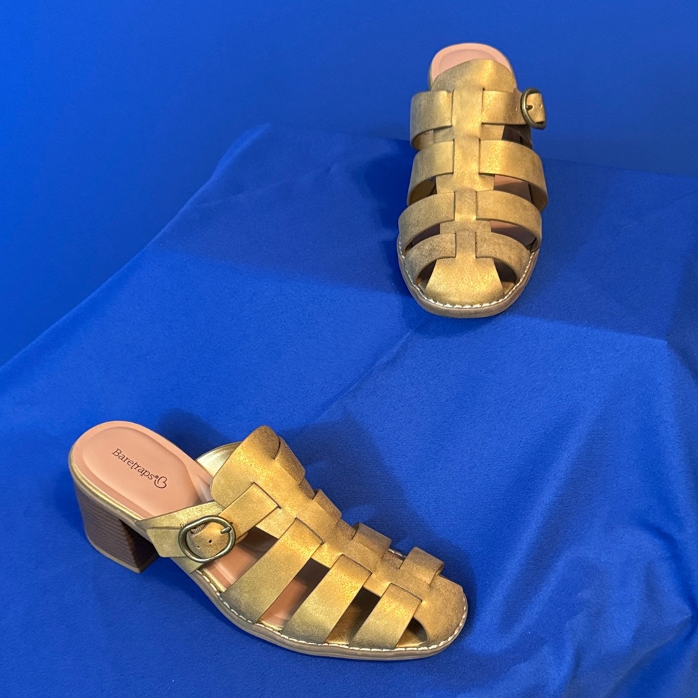 BareTraps Gold Buckle Mules